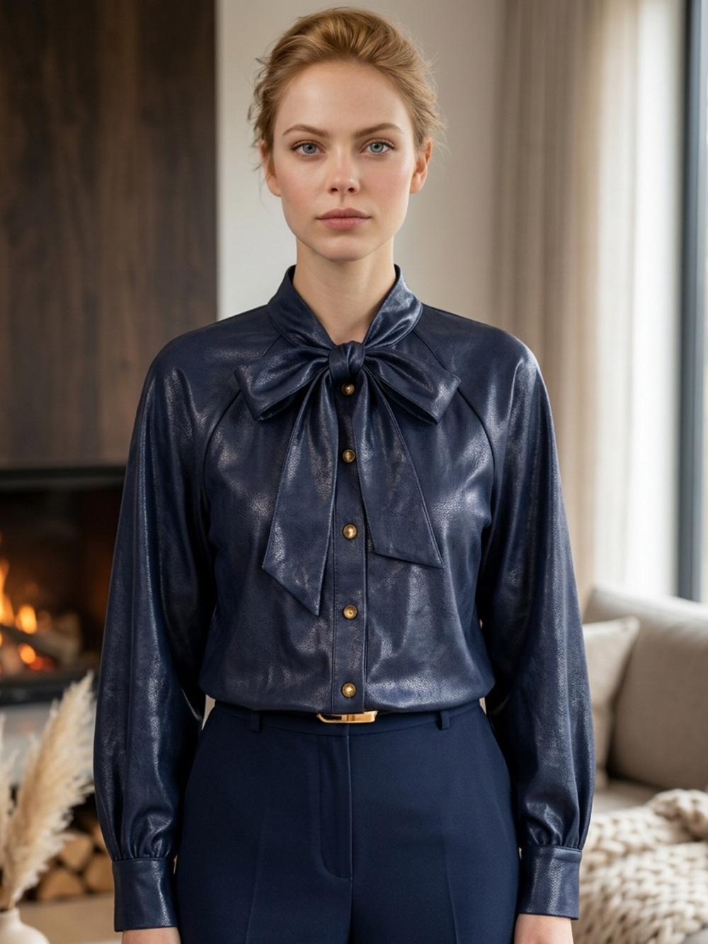 Rachel Comey Blue Solid Faux Leather High Neck Long Sleeve Button Blouse 0